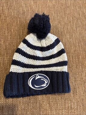 New Era Navy and White Striped Pom Beanie with Logo